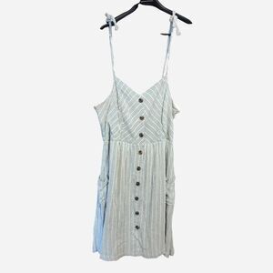 LC Lauren Conrad Cream Grey Striped Dress Button Accent Tie Straps Pockets XXL